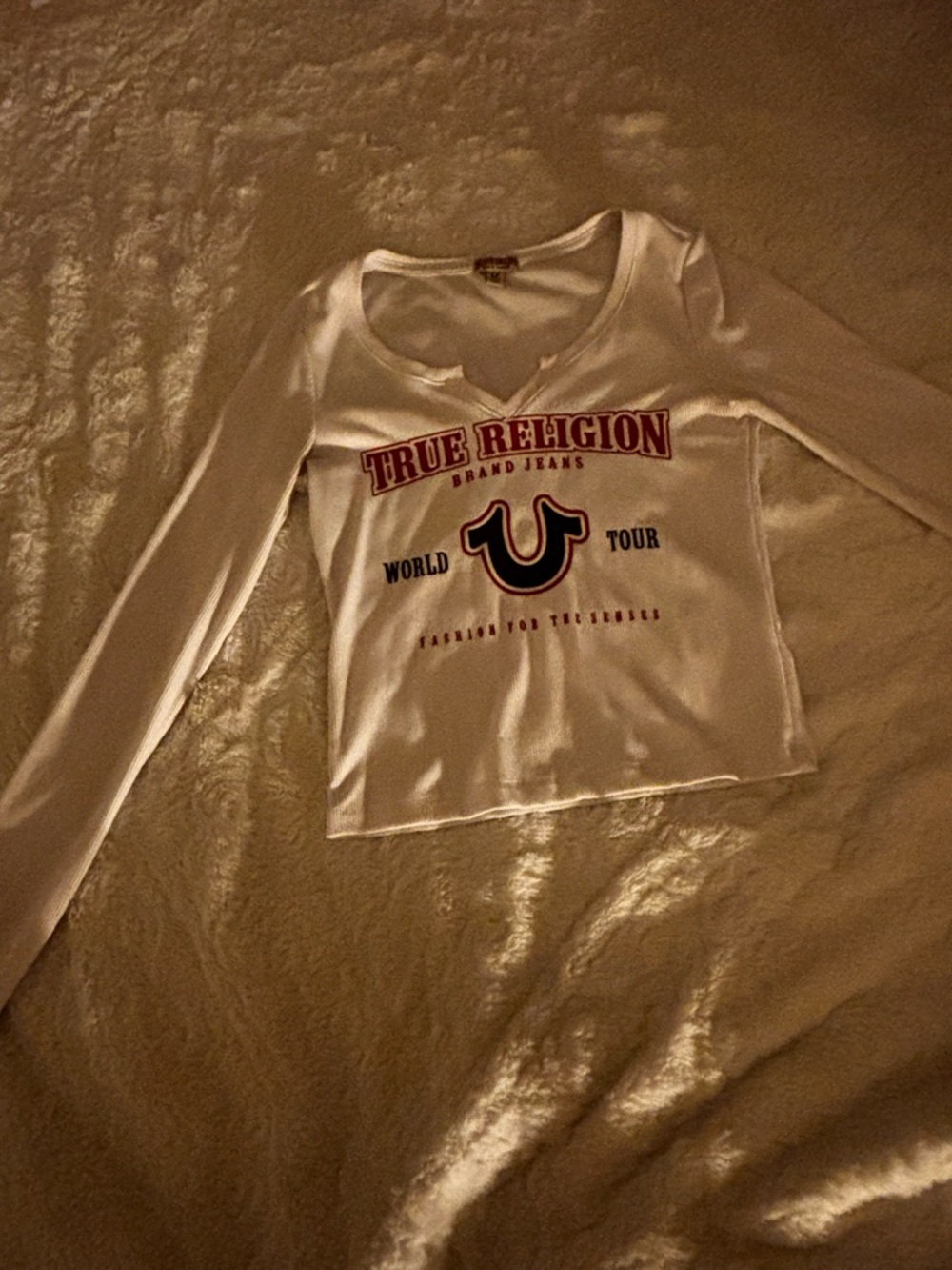 True Religion White Long Sleeve Graphic Crop Tee with Red & Navy Logo